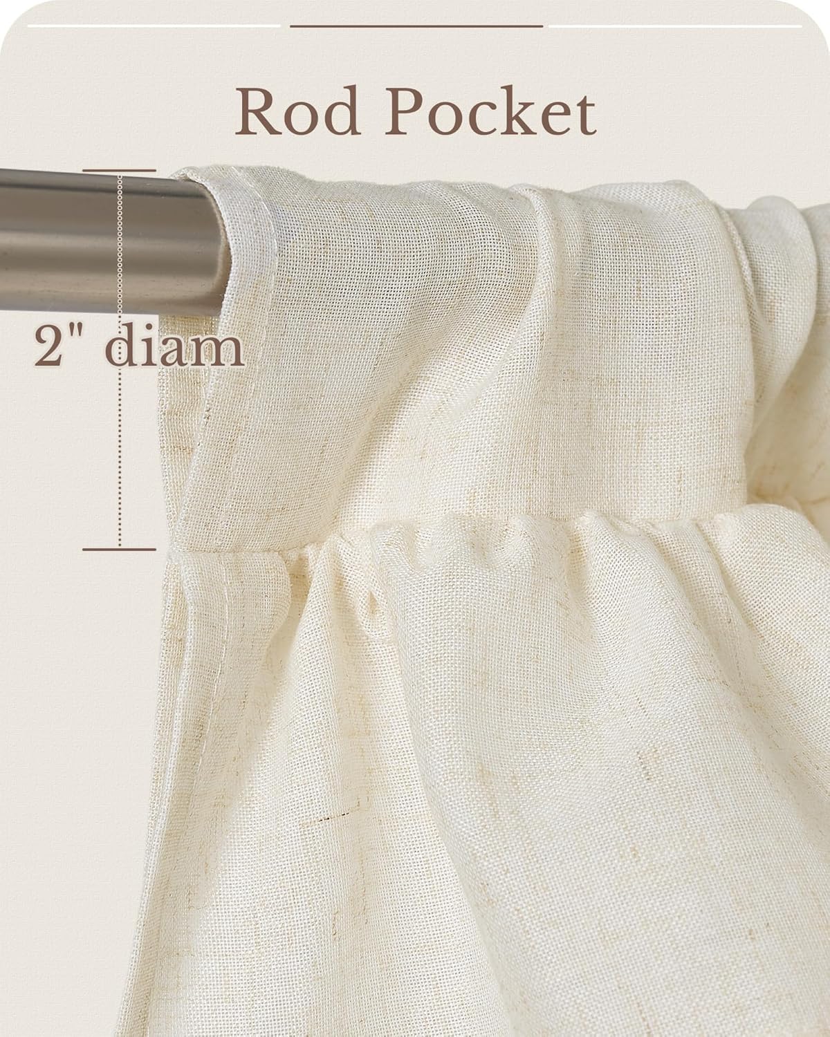 Close-up of a natural linen blend curtain panel with a 2-inch diameter rod pocket, hanging on a silver rod.