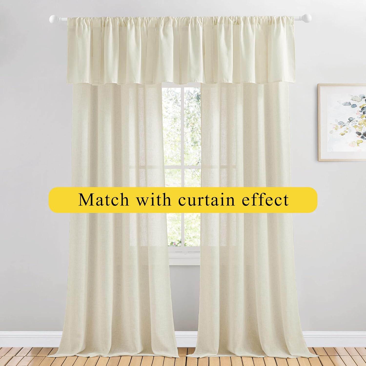 Cream natural linen blend curtain panels and valance on a white rod, softly filtering light.