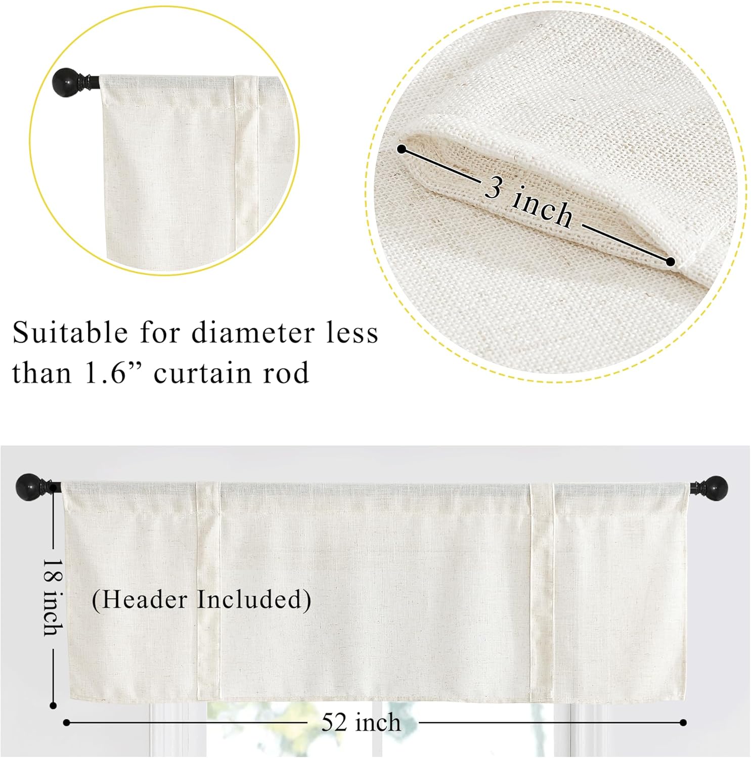 Off-white textured linen rod pocket valance, 18x52 inches, with 3-inch rod pocket, fits 1.6-inch rods.