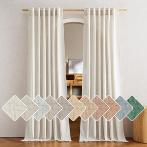 Off-white natural linen tab top curtains on wooden rod. Textured fabric swatches show various colors.