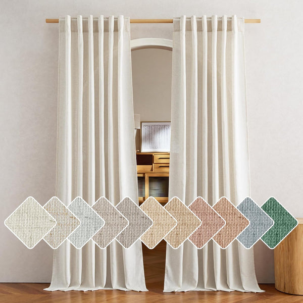 Off-white natural linen tab top curtains on wooden rod. Textured fabric swatches show various colors.