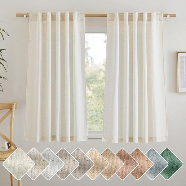 Natural linen blend light filtering tab top curtains on a wooden rod, with diverse fabric swatches below.