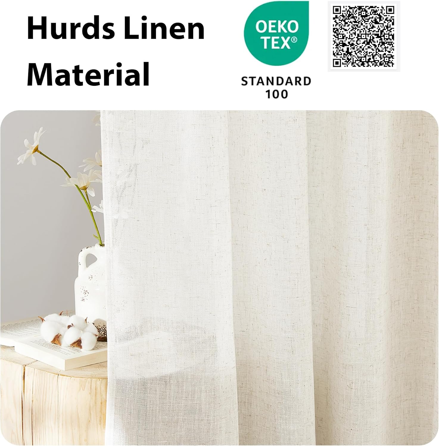 Natural off-white linen semi-sheer curtain panel with visible textured weave and soft folds.