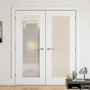 Natural beige linen tie-up valance and full panel door shades on modern white French doors.