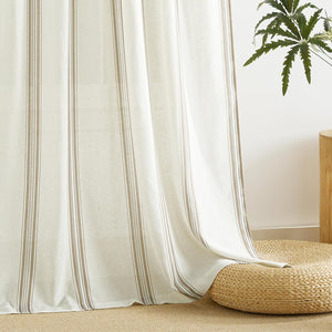 Light cream linen blend curtain panel with subtle vertical taupe pinstripes and a relaxed drape.