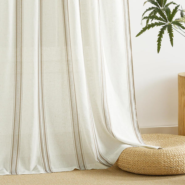 Light cream linen blend curtain panel with subtle vertical taupe pinstripes and a relaxed drape.
