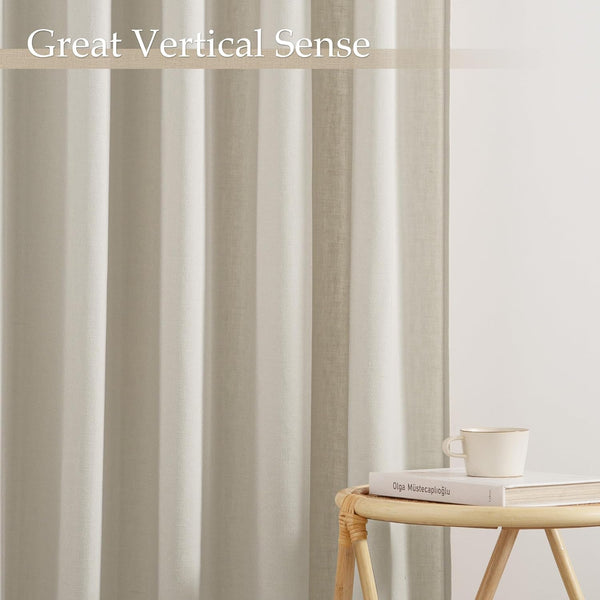 Natural beige linen wave pleat curtains hanging, creating soft vertical folds in a minimalist room