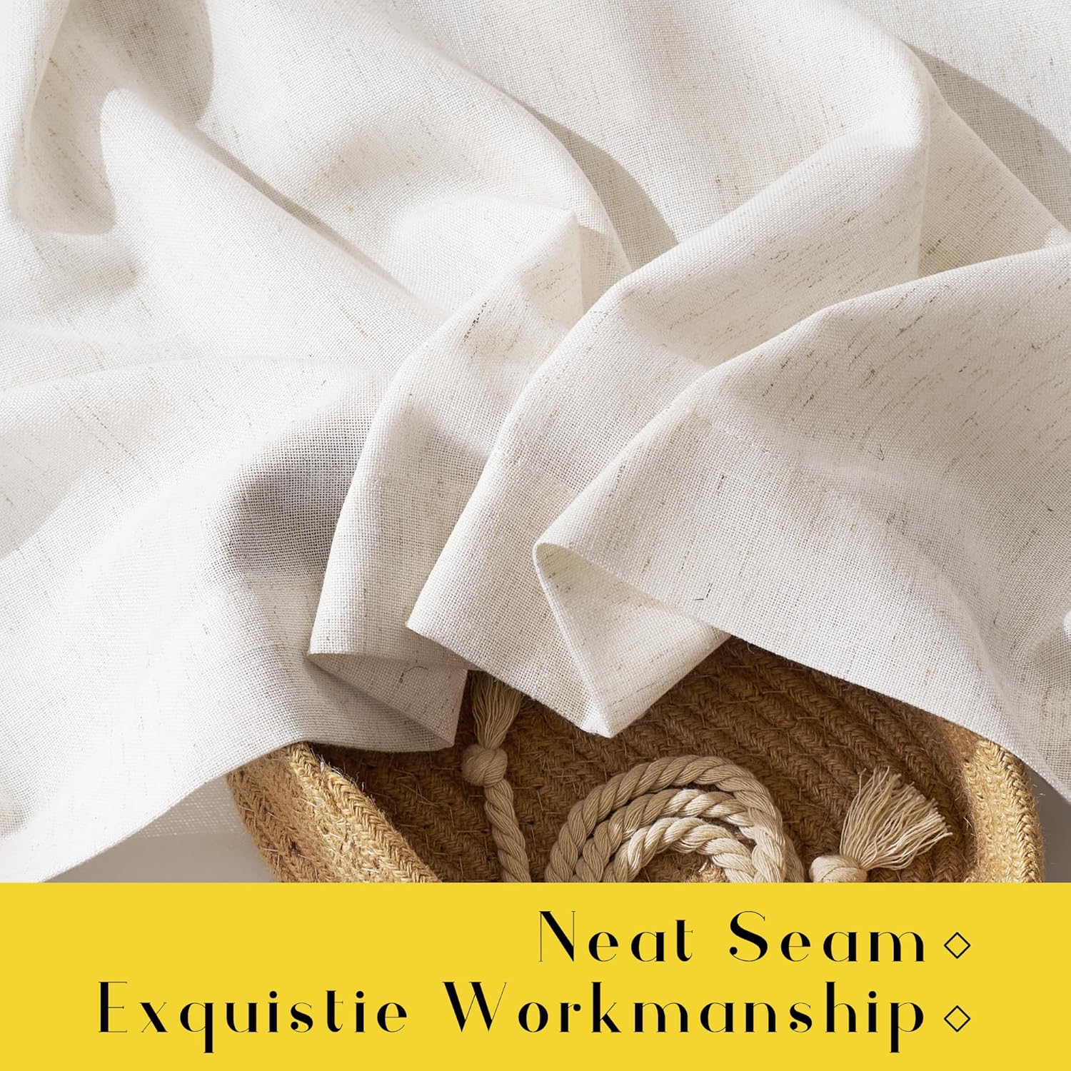 Close-up of draped natural off-white linen blend fabric with visible fibers, showing its textured, breathable weave.