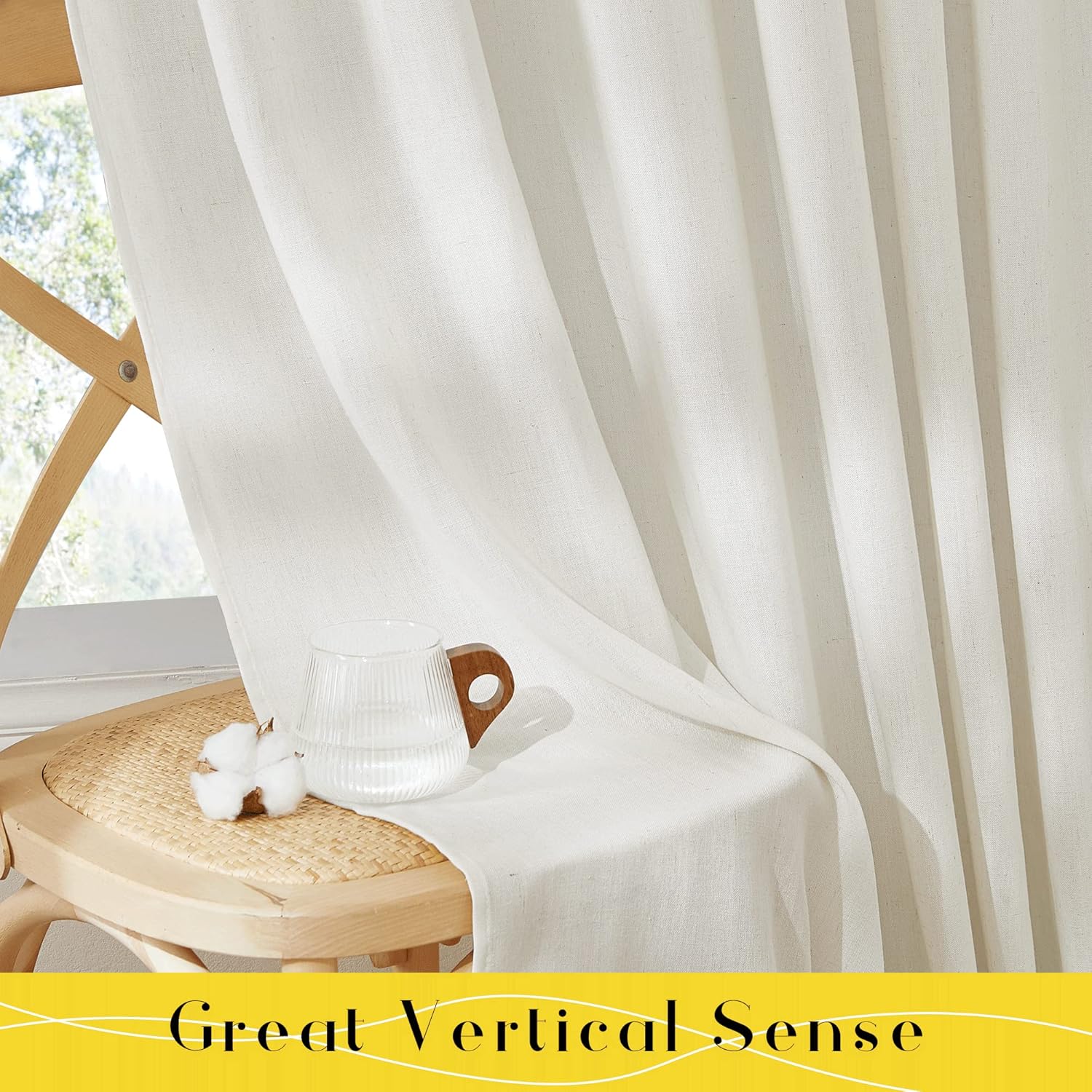 Natural off-white linen blend curtains with soft vertical folds draping by a window, diffusing natural light.