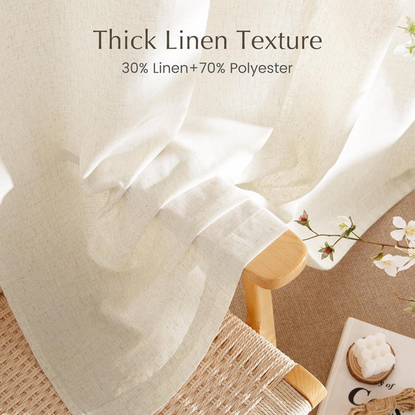 Off-white thick linen texture curtain (30% linen, 70% polyester) draped over a wicker chair.