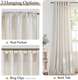 Light beige textured linen curtains demonstrating rod pocket, back tab, and ring clip hanging.