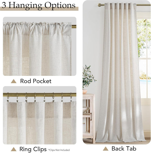 Light beige textured linen curtains demonstrating rod pocket, back tab, and ring clip hanging.