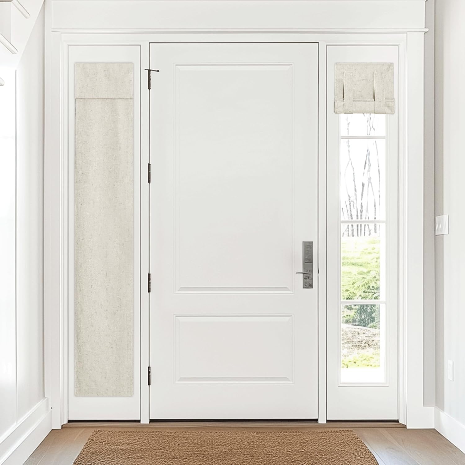 Light beige textured privacy panel and rolled shade on white front door sidelights.