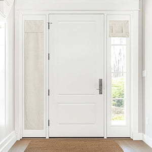 Light beige textured privacy panel and rolled shade on white front door sidelights.