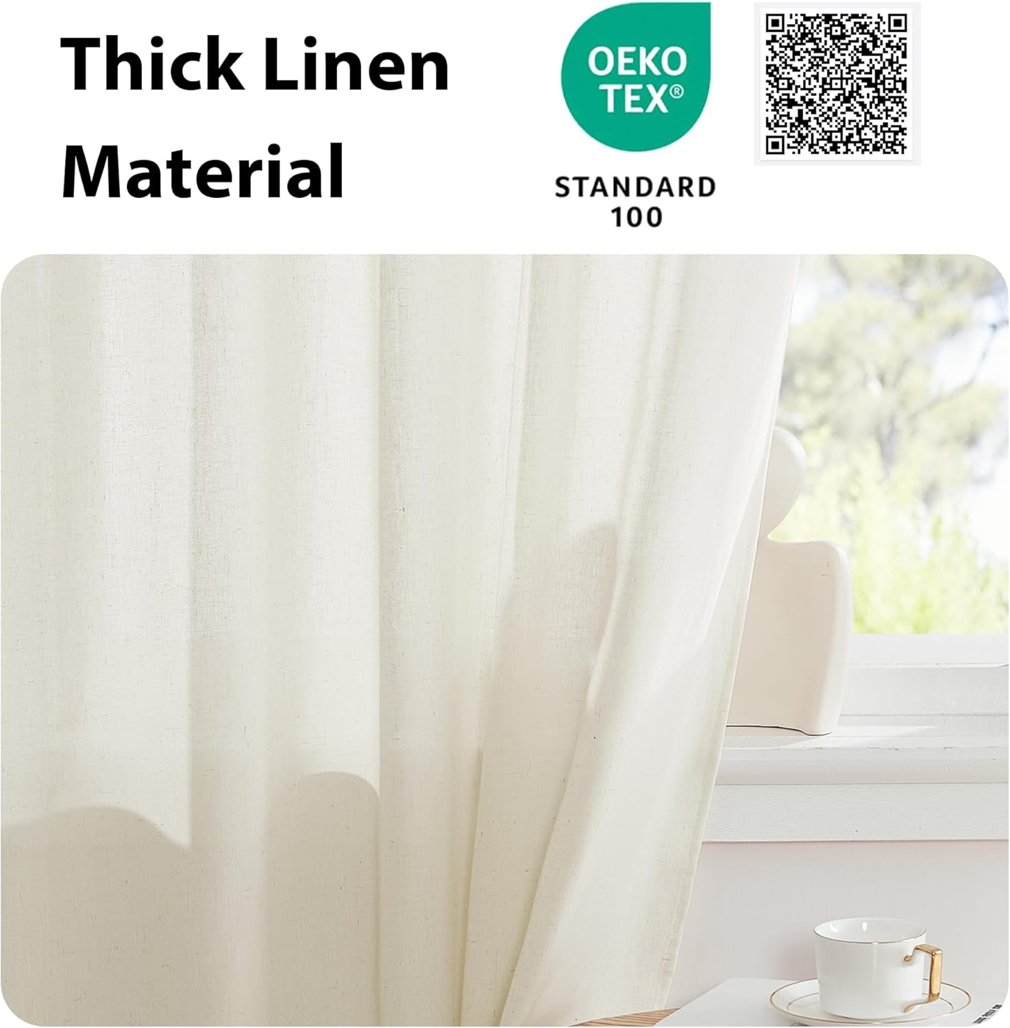 Close-up of a natural off-white thick linen curtain panel with a visible textured weave, hanging by a window.