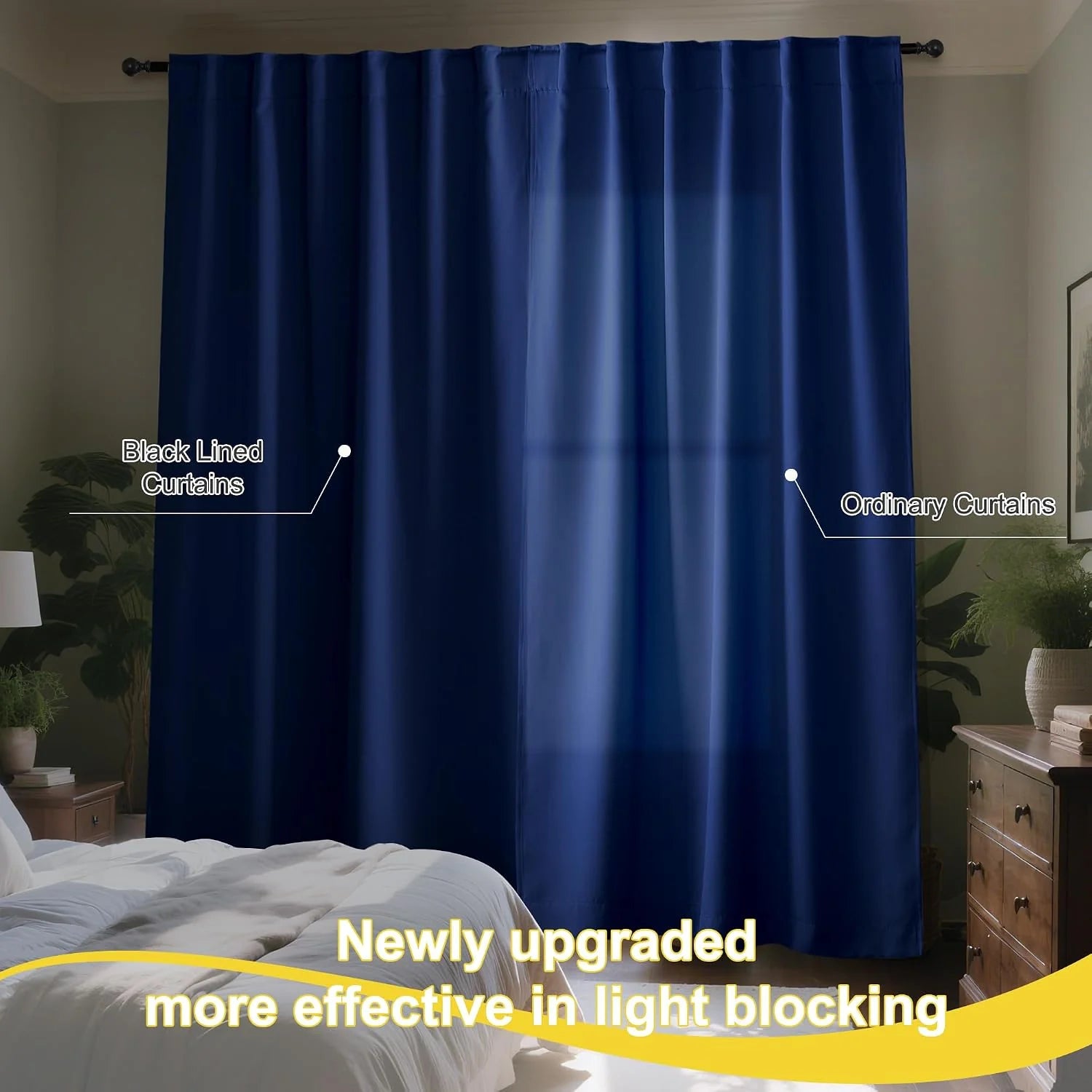 Navy black lined blackout curtains in a bedroom blocking window light