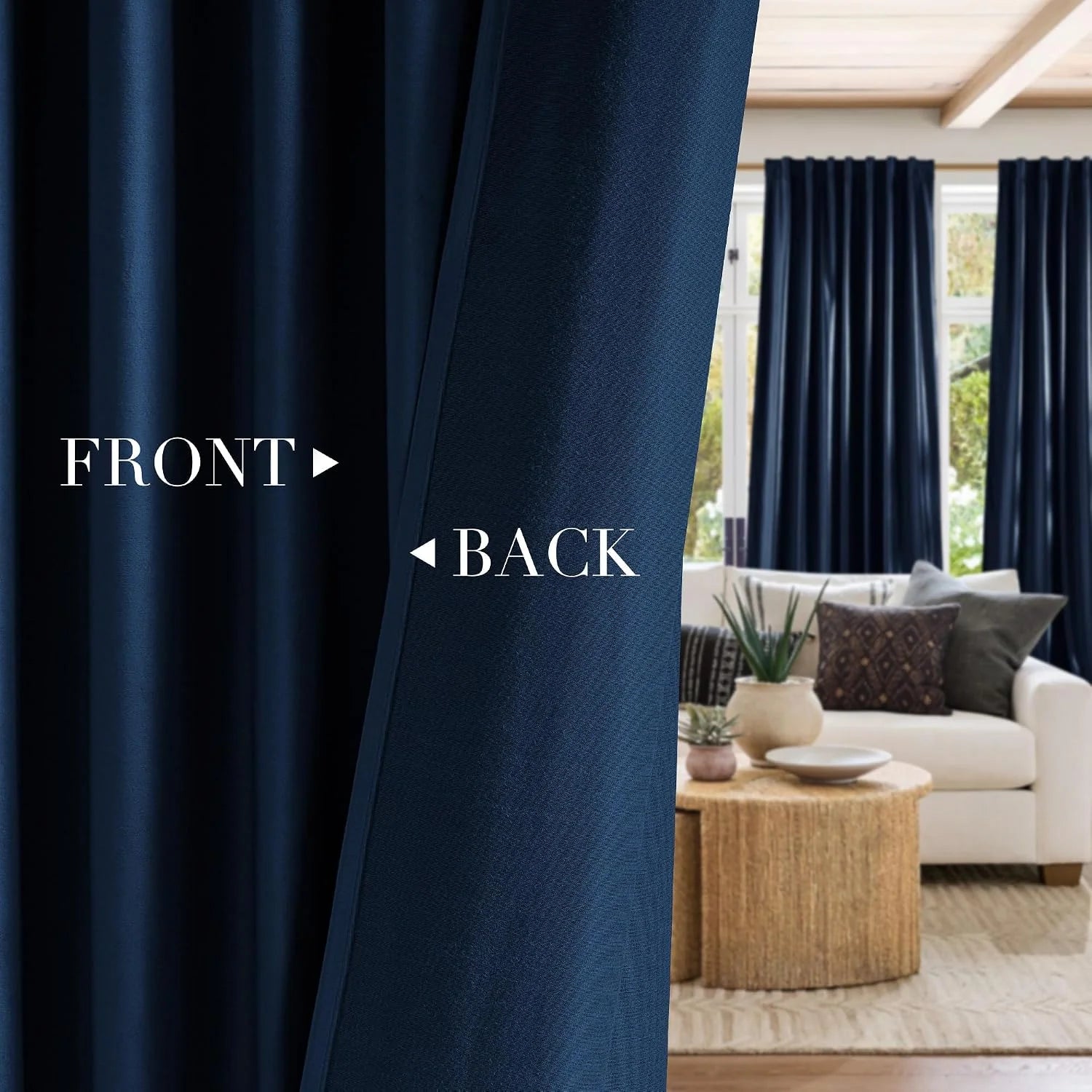 Navy blackout curtain panel showing smooth front and textured back in a bright living room