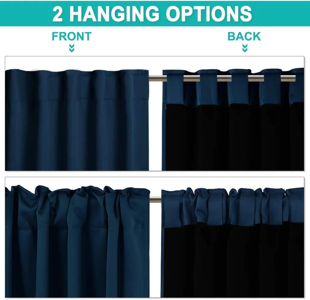 Navy blackout curtain panel showing front and back rod pocket hanging options