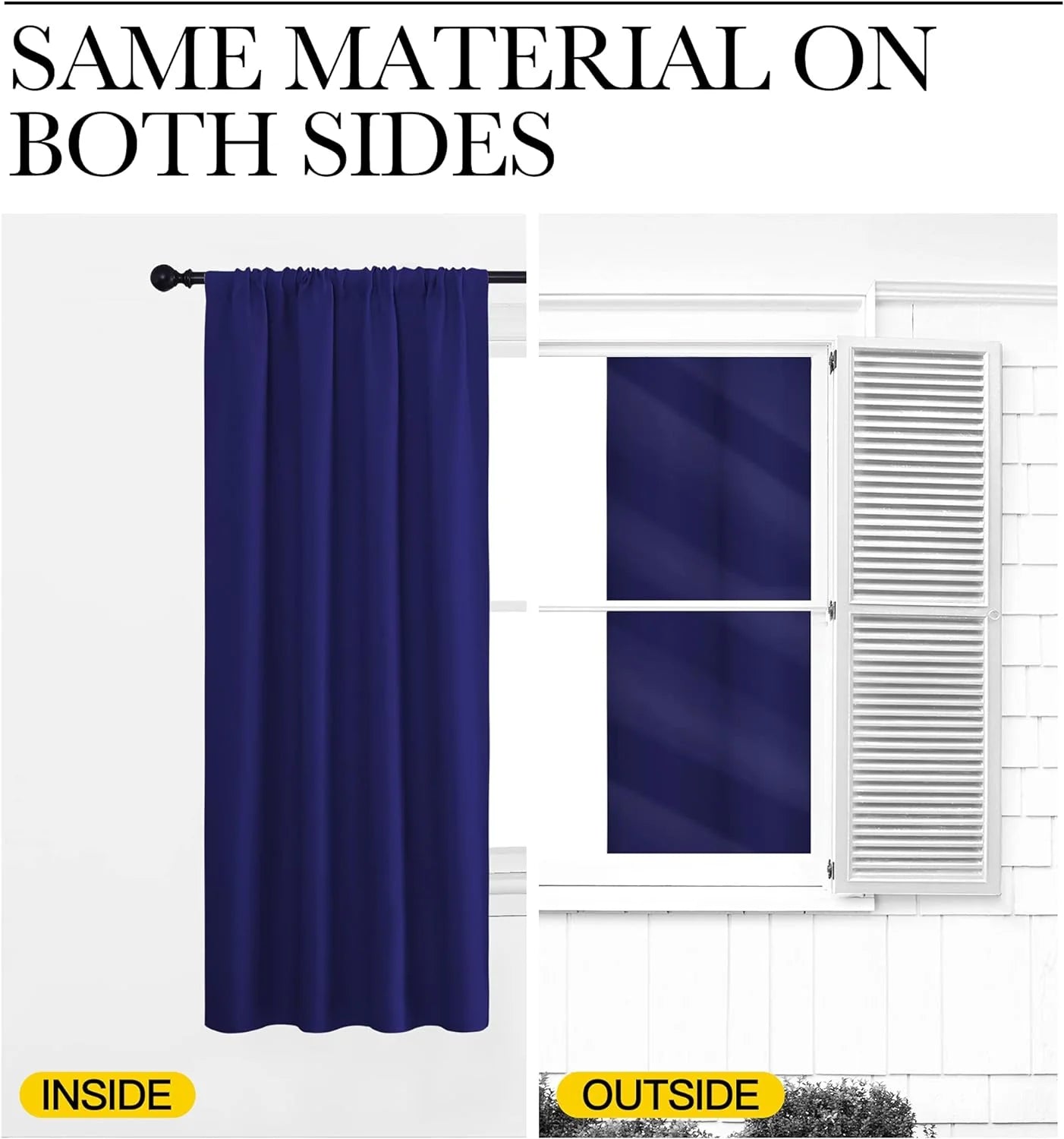 Navy blackout curtain shown inside and outside with same fabric on both sides
