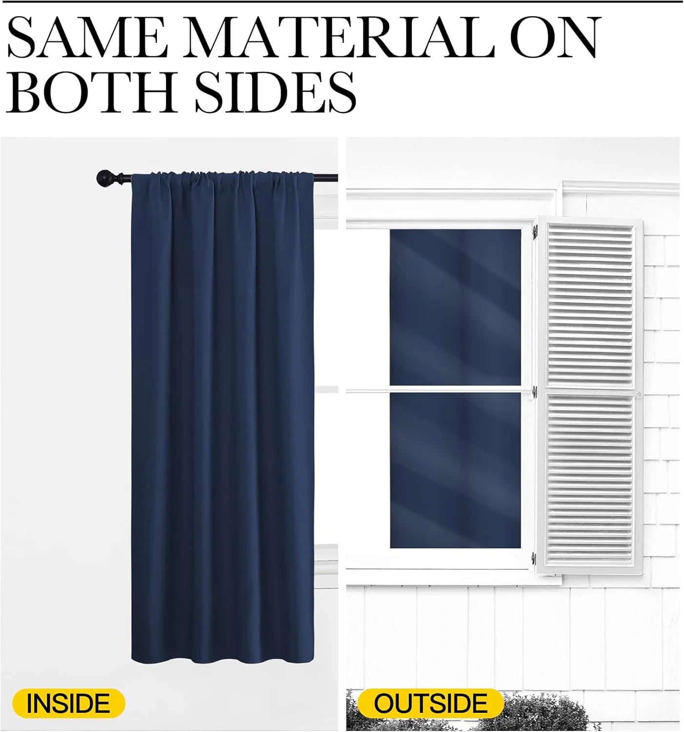 Navy blackout curtain shown inside and outside with same material on both sides