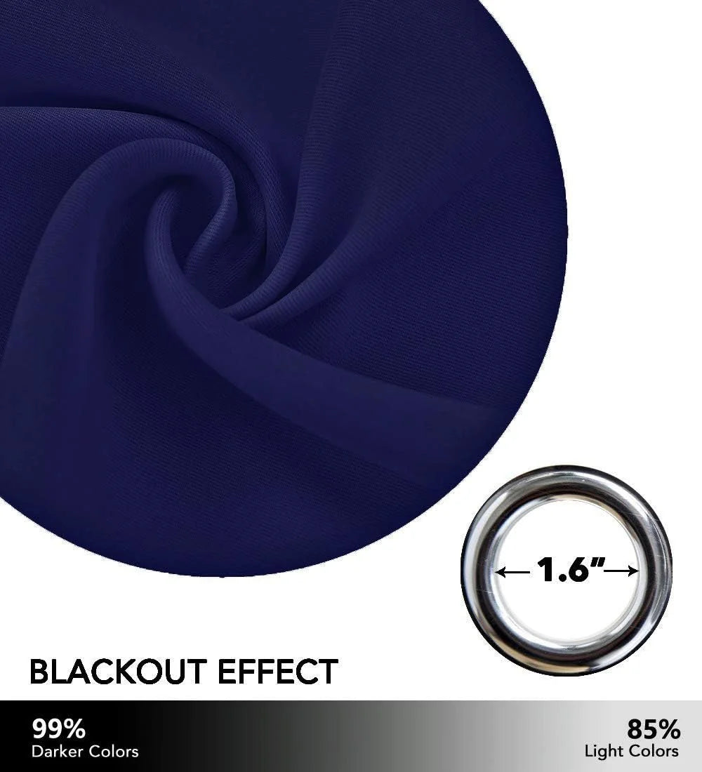 Swirled navy blackout curtain fabric sample with silver 1.6-inch grommet detail