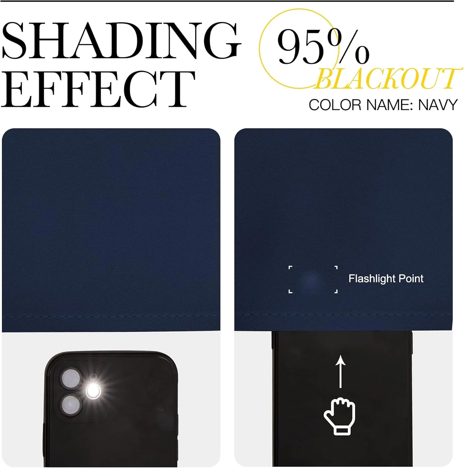 Navy blackout curtain fabric sample showing 95% light blocking in flashlight test