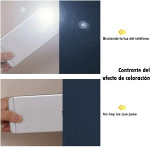 Demonstration of navy blue material's light blocking. Top panel shows phone light passing through, bottom panel displays complete blackout.