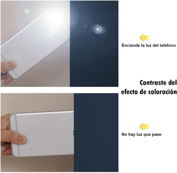 Demonstration of navy blue material's light blocking. Top panel shows phone light passing through, bottom panel displays complete blackout.