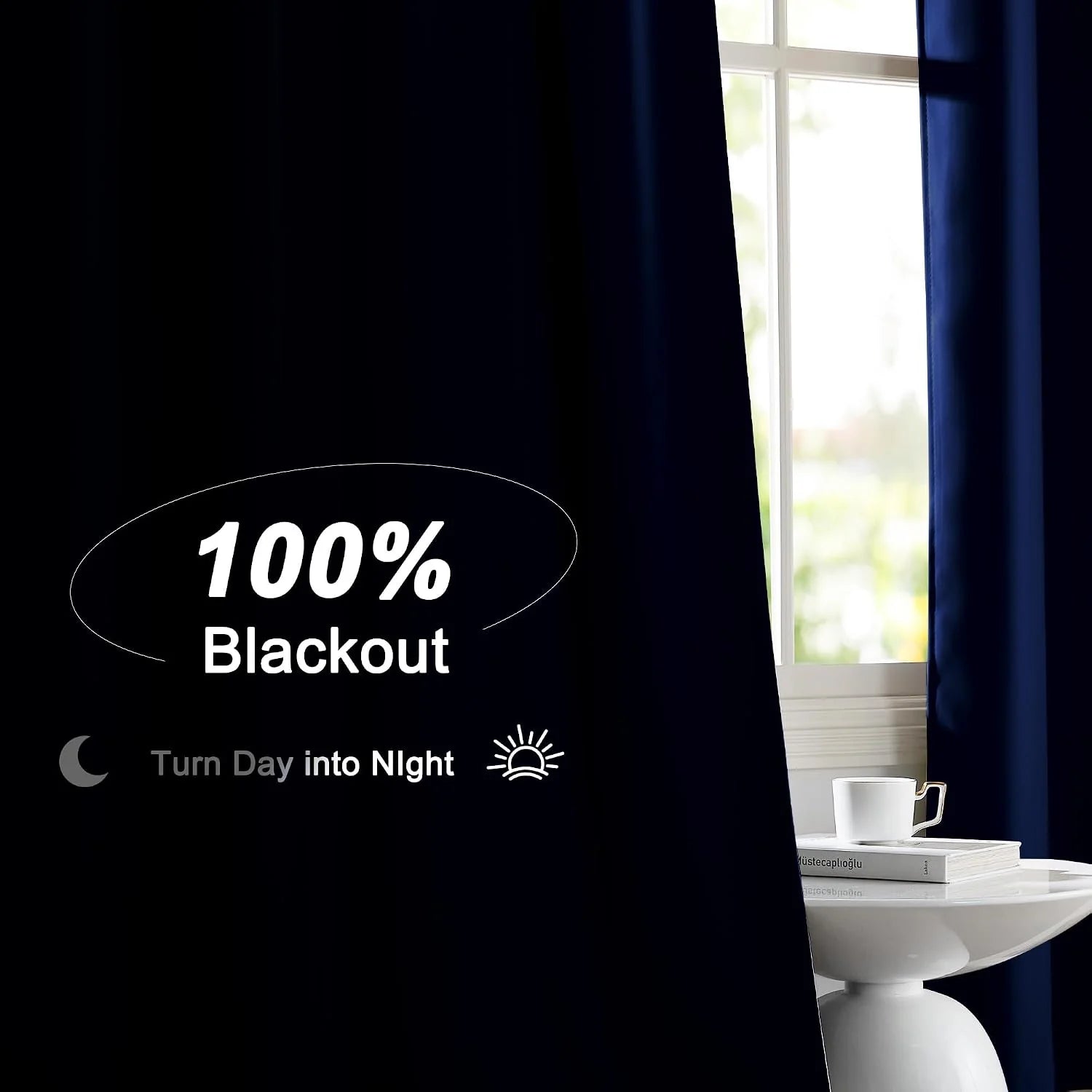 Dark navy blackout curtains covering a bright window beside a white side table and mug