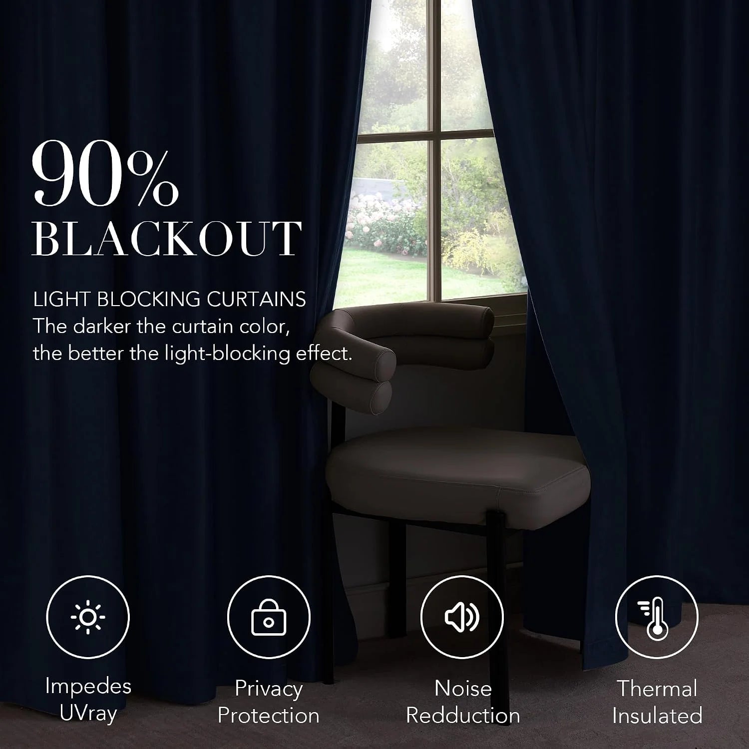 Dark navy blackout curtains framing a window with chair, showing 90% light blocking