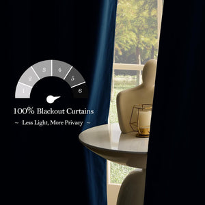Navy blue 100% blackout curtain blocking light from a window. Modern table with abstract decor and candle.