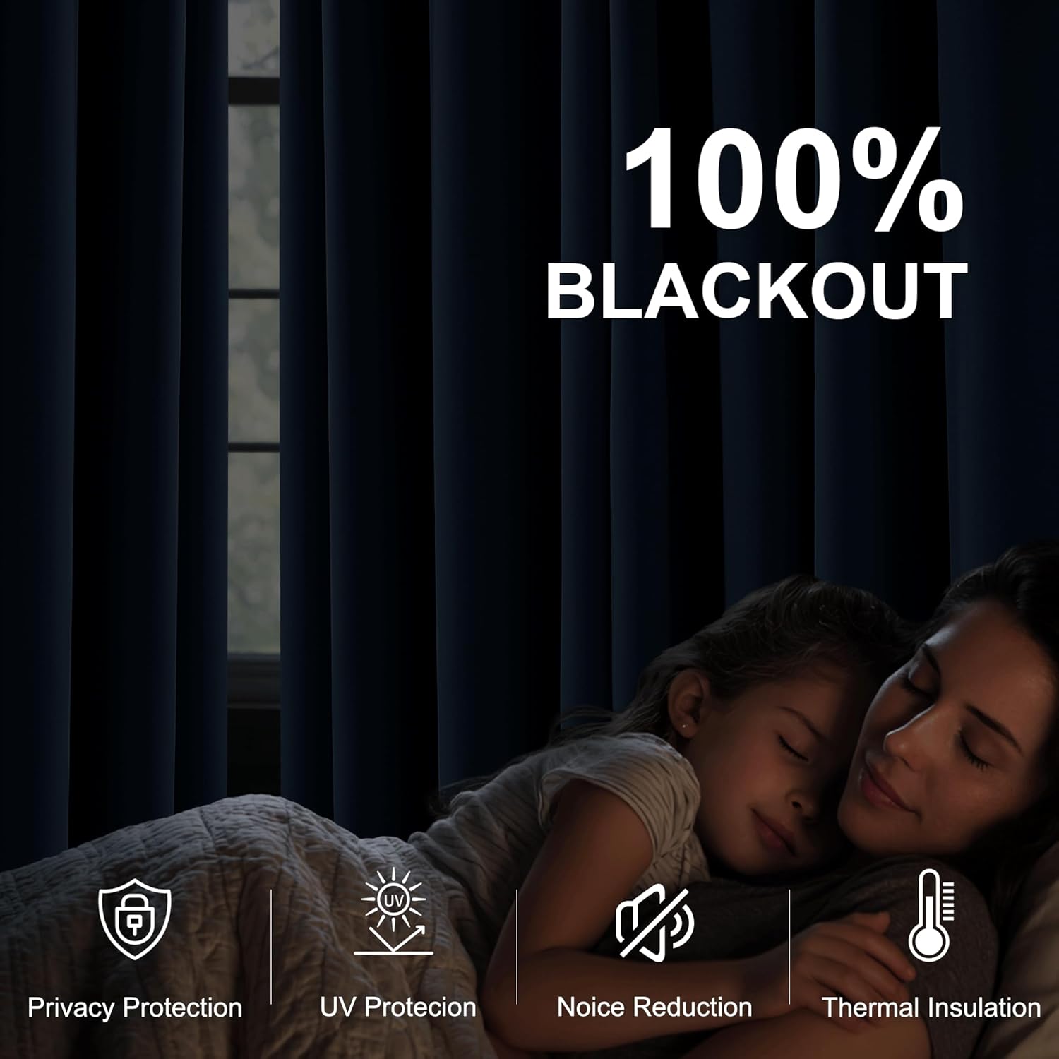 Dark navy blue curtains provide 100% blackout, creating a serene, dark room for restful sleep.