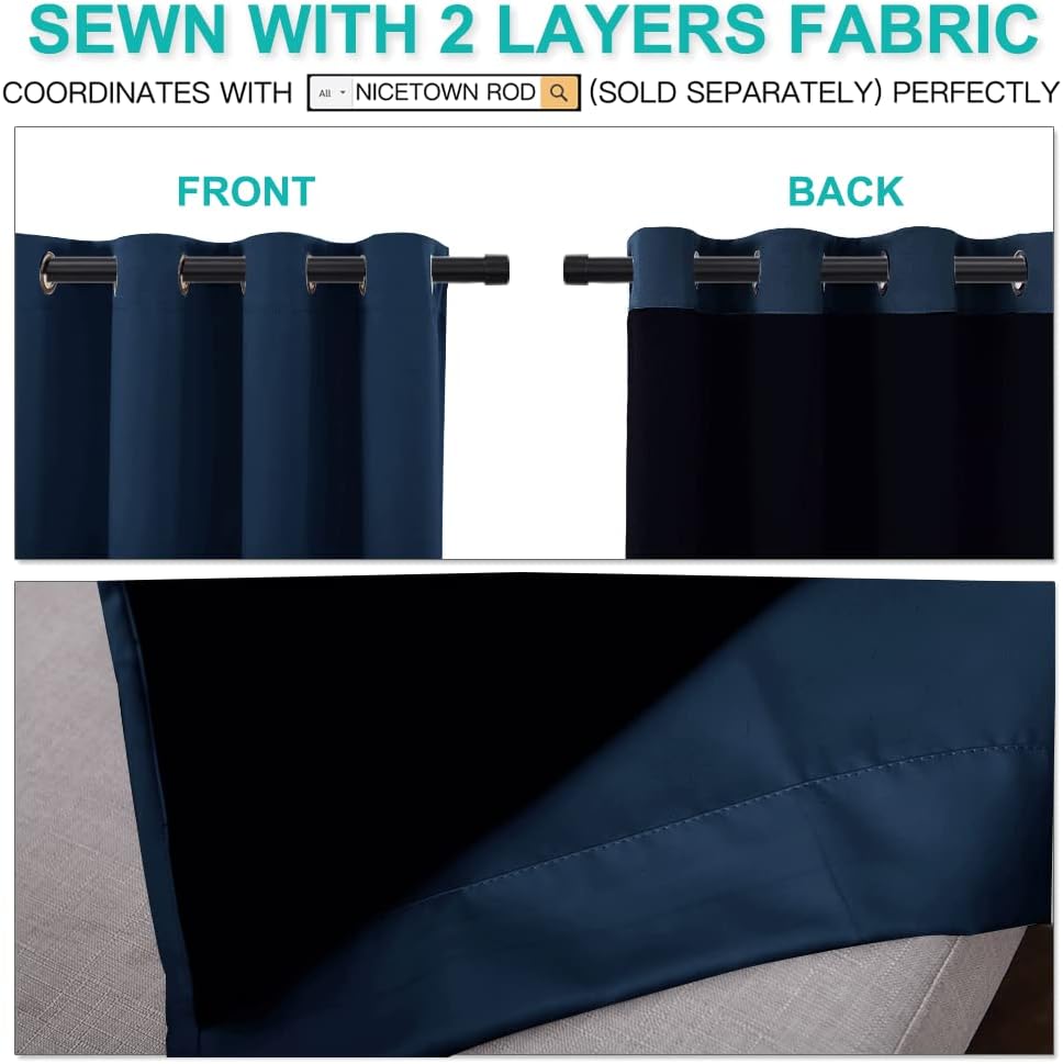 Navy blue 2-layer blackout grommet curtains. Front view shows smooth fabric, back reveals dark insulating lining.