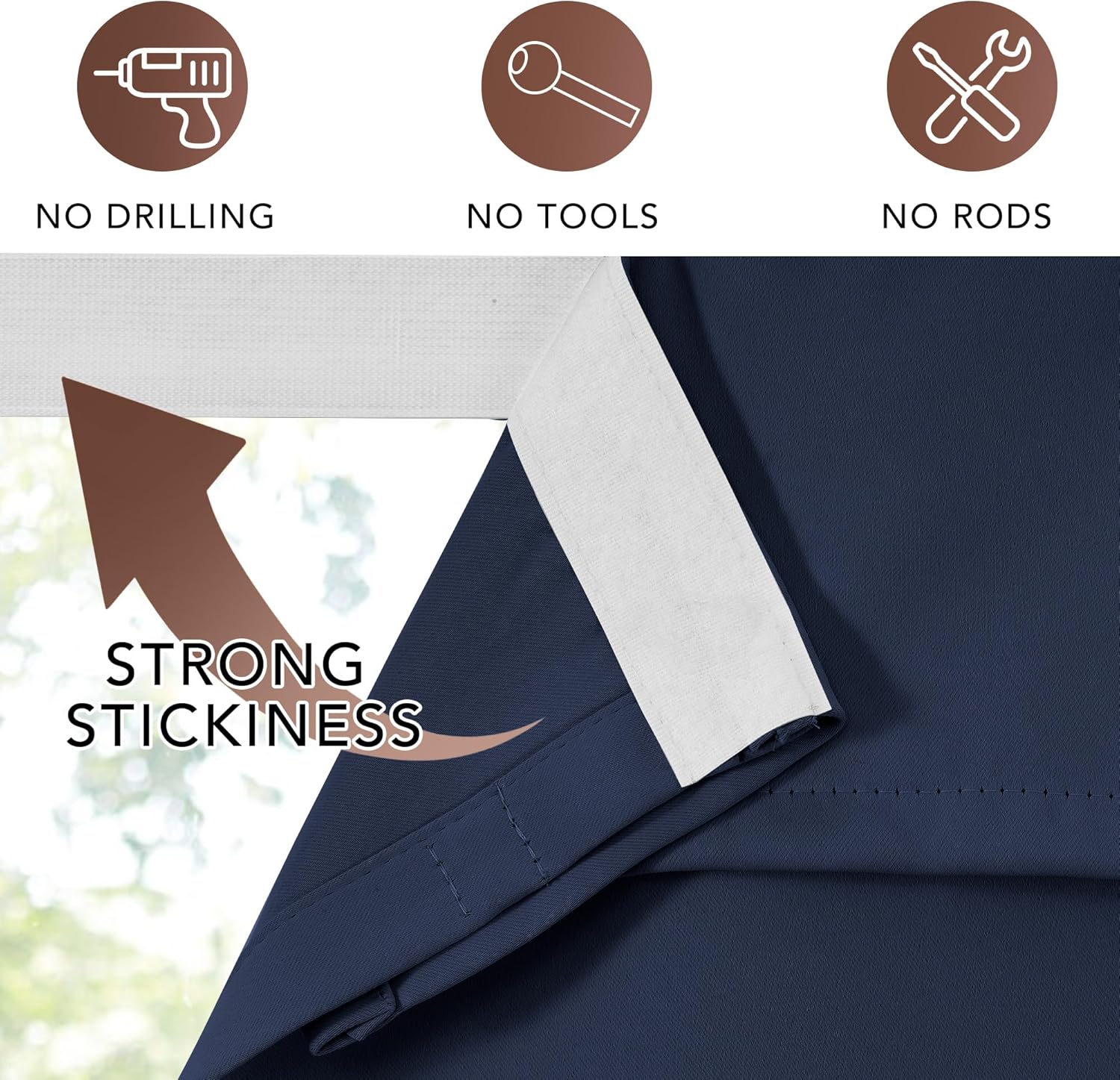 Navy blue adhesive window curtain top with white sticky strip, emphasizing no-drill, no-rod installation.