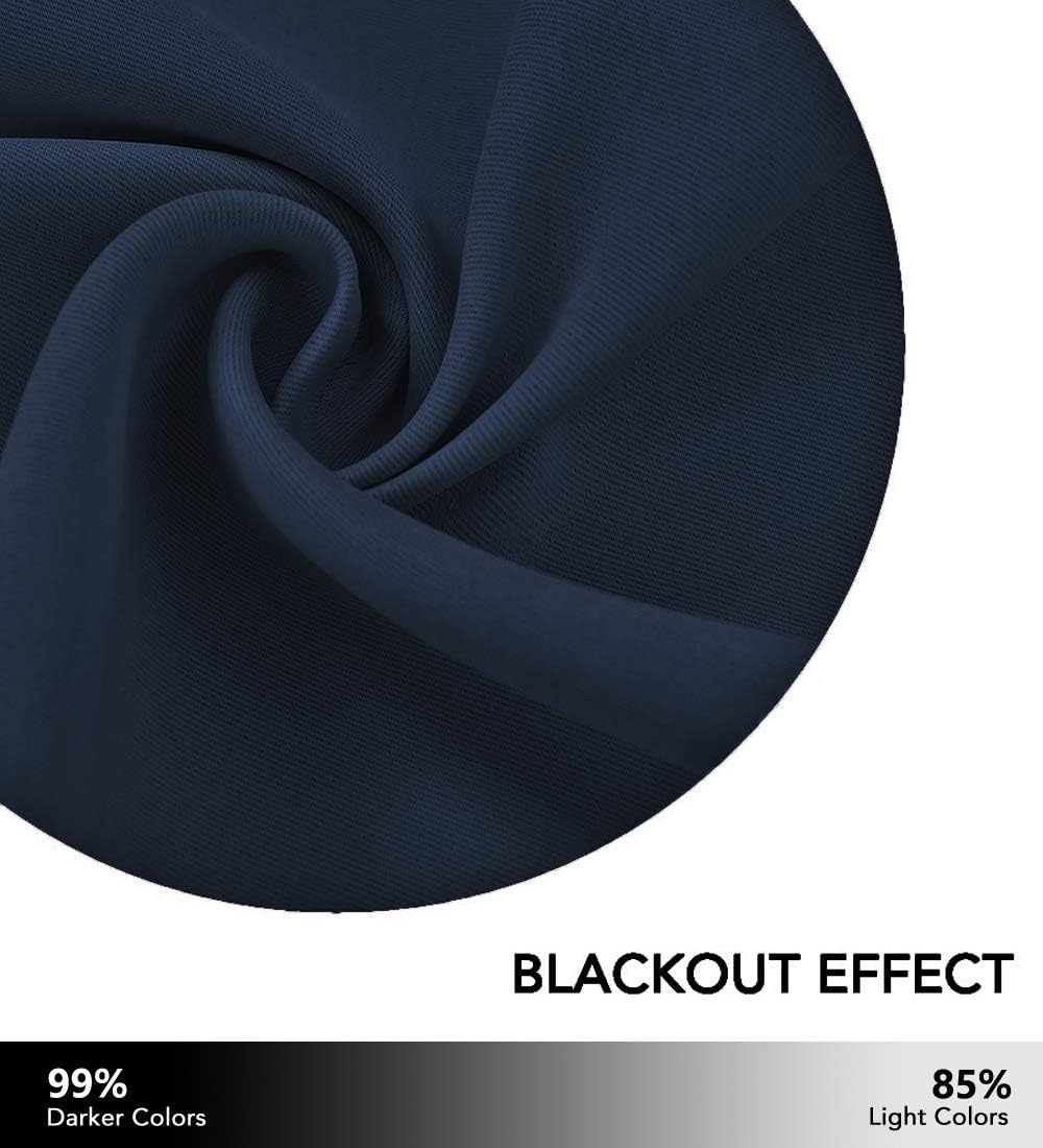 Close-up of soft navy blue blackout curtain fabric, showing dense weave and elegant folds.