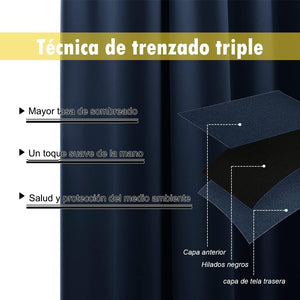 Navy blue blackout curtain fabric detail, showing triple weave layers for enhanced shading.