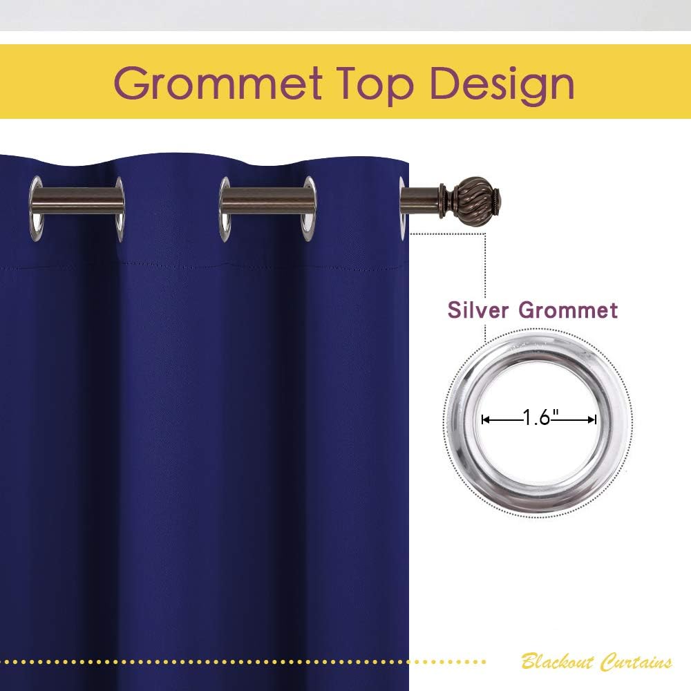 Navy blue blackout curtain with silver grommet top, showing 1.6-inch inner ring and smooth fabric.