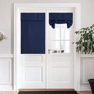 Navy blue blackout door window shades on white french doors, one full panel, one tie-up roman.