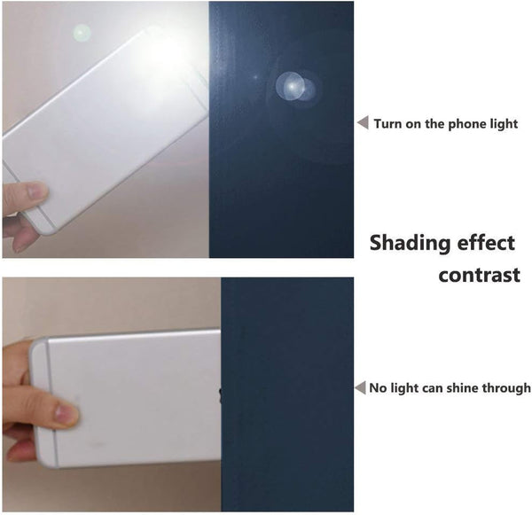 Visual demonstration of navy blue blackout fabric blocking phone light, showing superior light-blocking capability.
