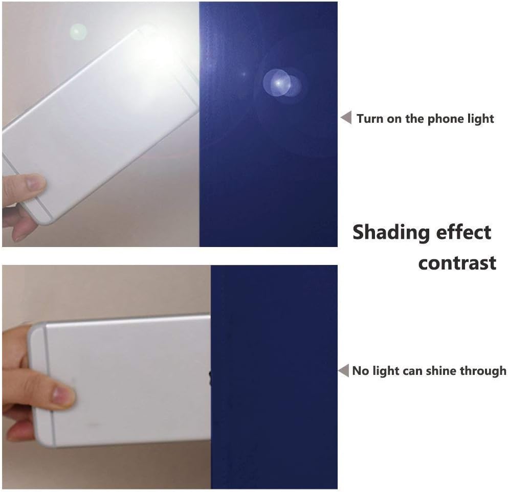 Dark blue blackout fabric demonstrated. Phone light passes through (top), fully blocked (bottom).