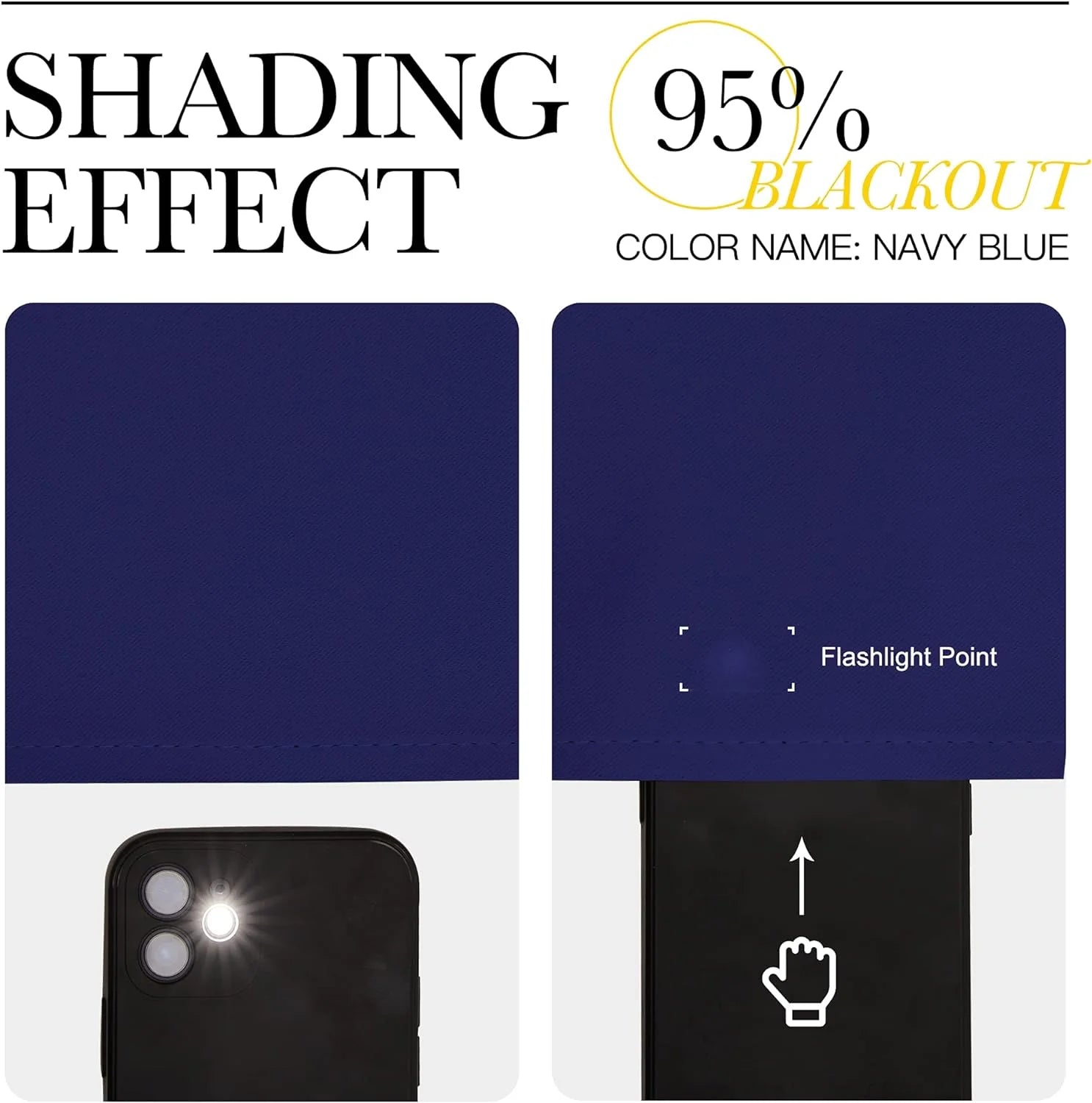 Navy blue blackout curtain fabric sample showing 95% light blocking effect with flashlight test