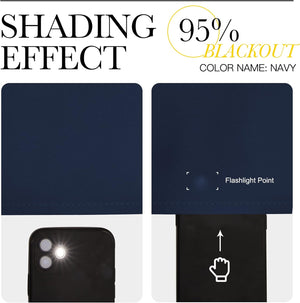 Navy blue fabric sample showing 95% blackout. Flashlight test reveals strong light blocking.