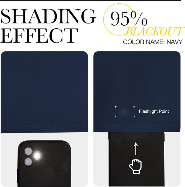 Navy blue fabric sample showing 95% blackout. Flashlight test reveals strong light blocking.