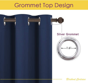 Navy blue blackout curtain with silver grommet top design and 1.6 inch silver grommets.