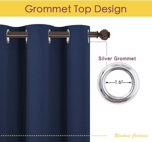 Navy blue blackout curtain with silver grommet top design and 1.6 inch silver grommets.