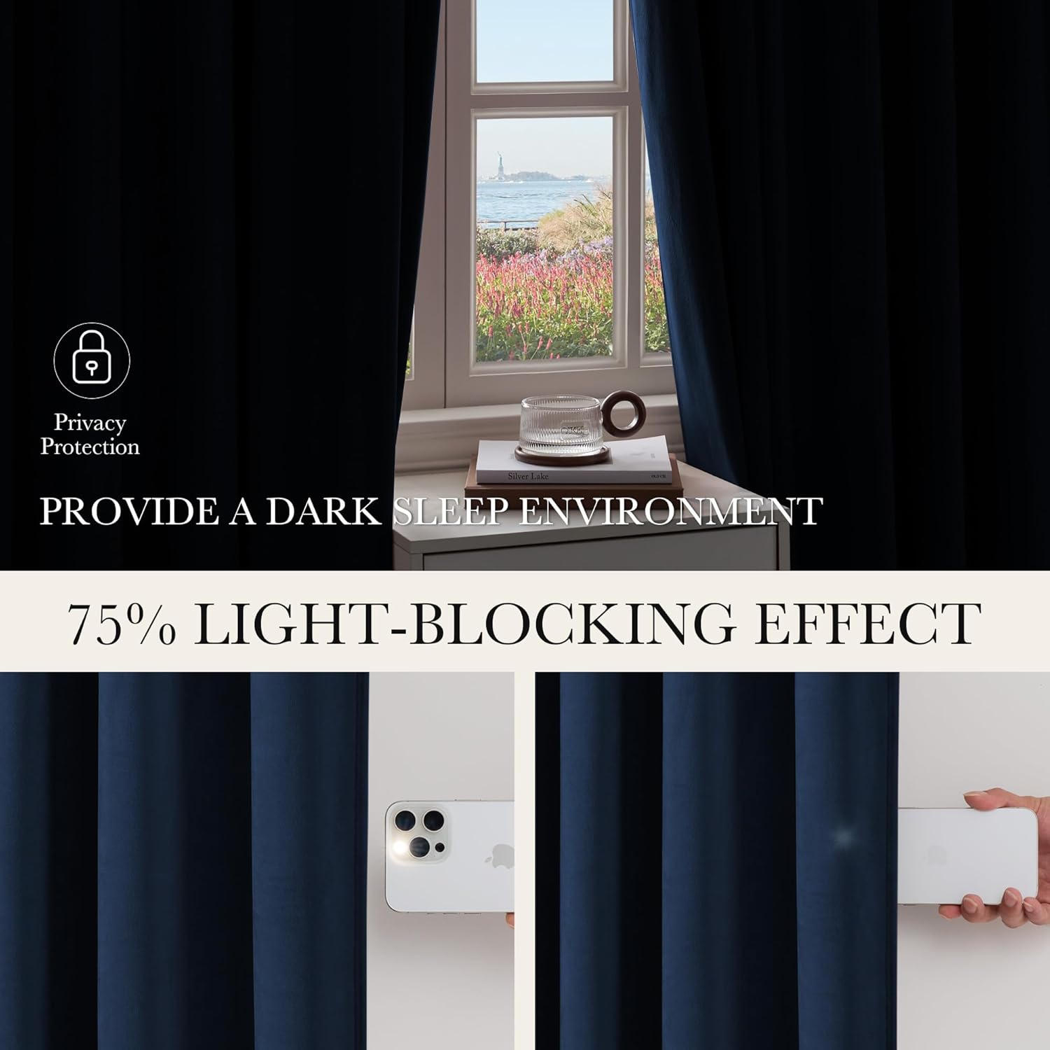 Dark navy blue curtains providing privacy and 75% light-blocking, hung by a window.
