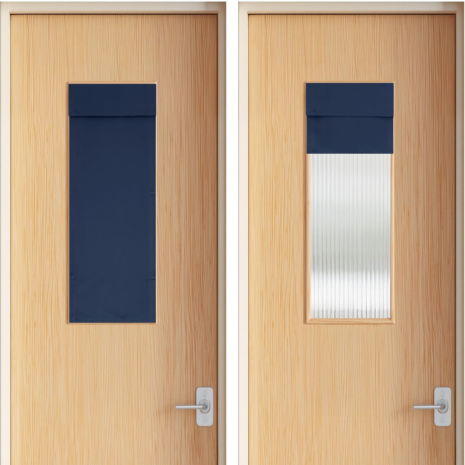 Navy blue fabric privacy blind shown covering and revealing textured door window glass.
