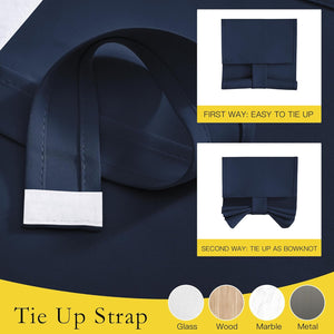 Navy blue fabric tie-up strap shows simple fold and bowknot styles for window shades.