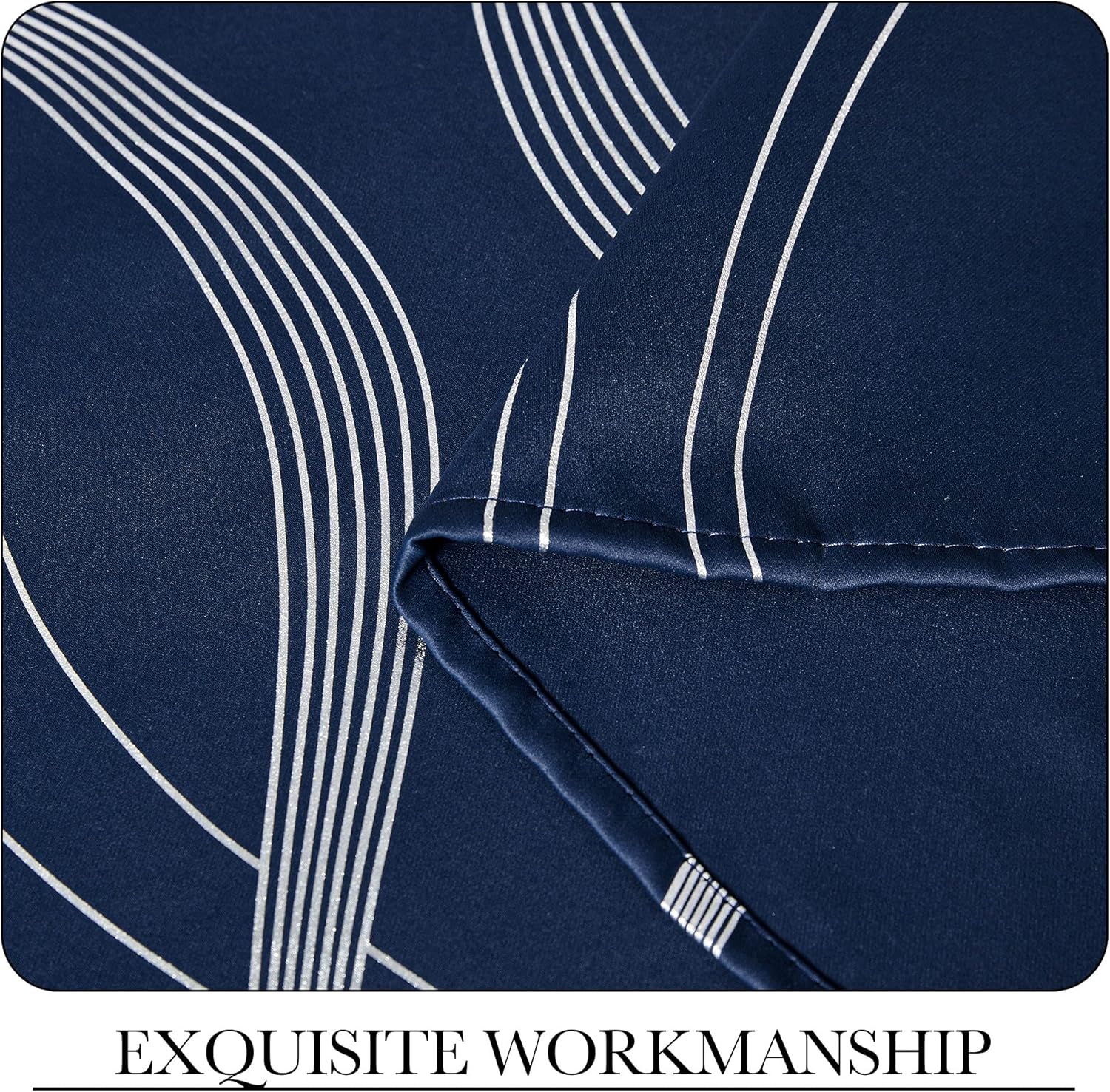 Dark blue textile with elegant white flowing stripes, showcasing precise stitching on a finished hem.