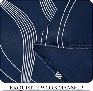 Dark blue textile with elegant white flowing stripes, showcasing precise stitching on a finished hem.